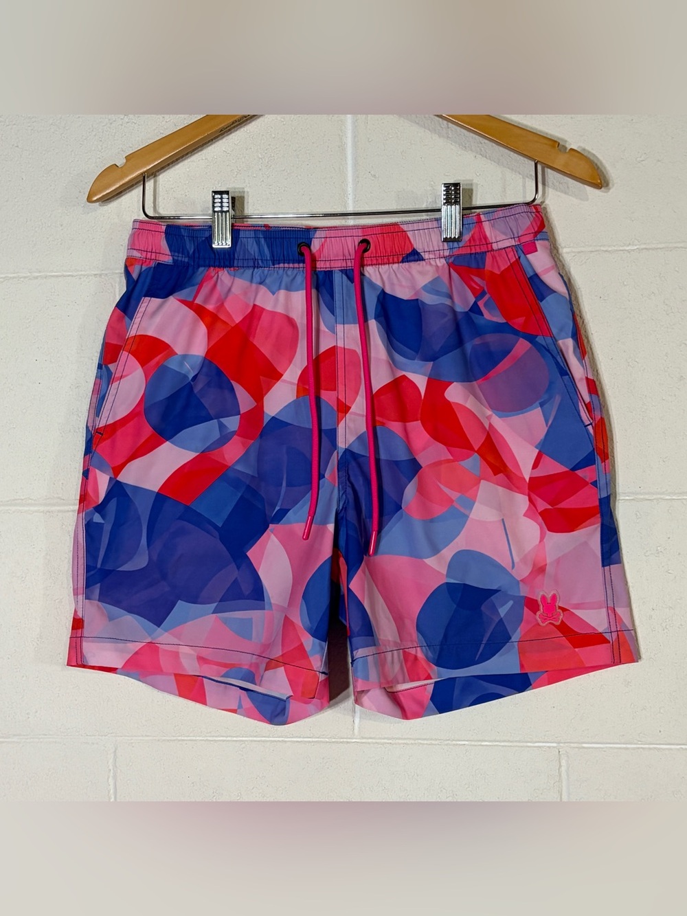 Psycho Bunny XS Men's Geometric Swim Shorts Pink Blue Red Drawstring Back Pocket - Picture 1 of 8